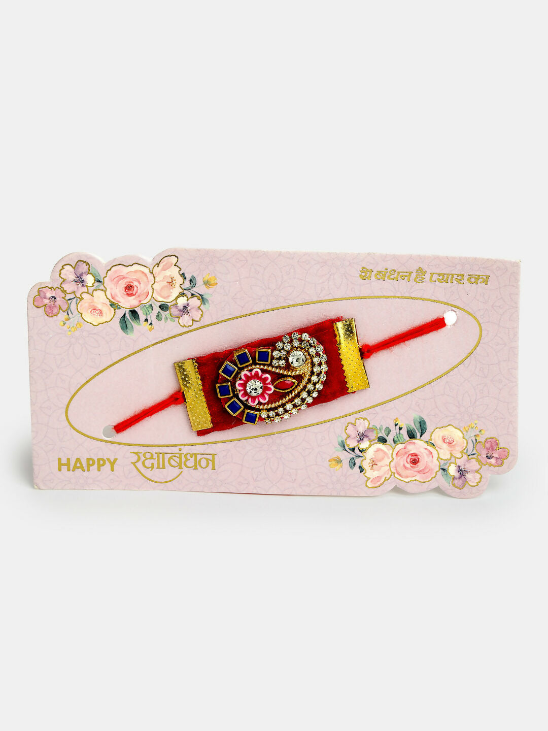 NVR Men Red Stone-Studded Rakhi With Roli Chawal & Chocolate