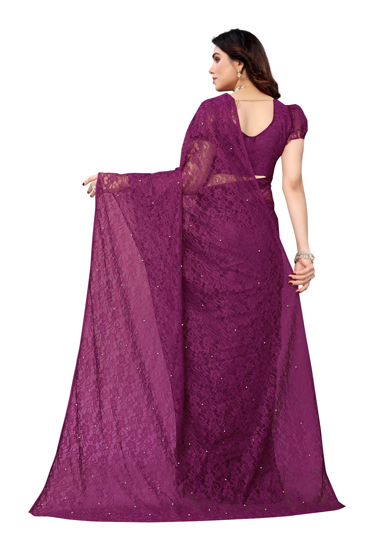 Vamika Ethnic Fire Purple Pearls Net Saree