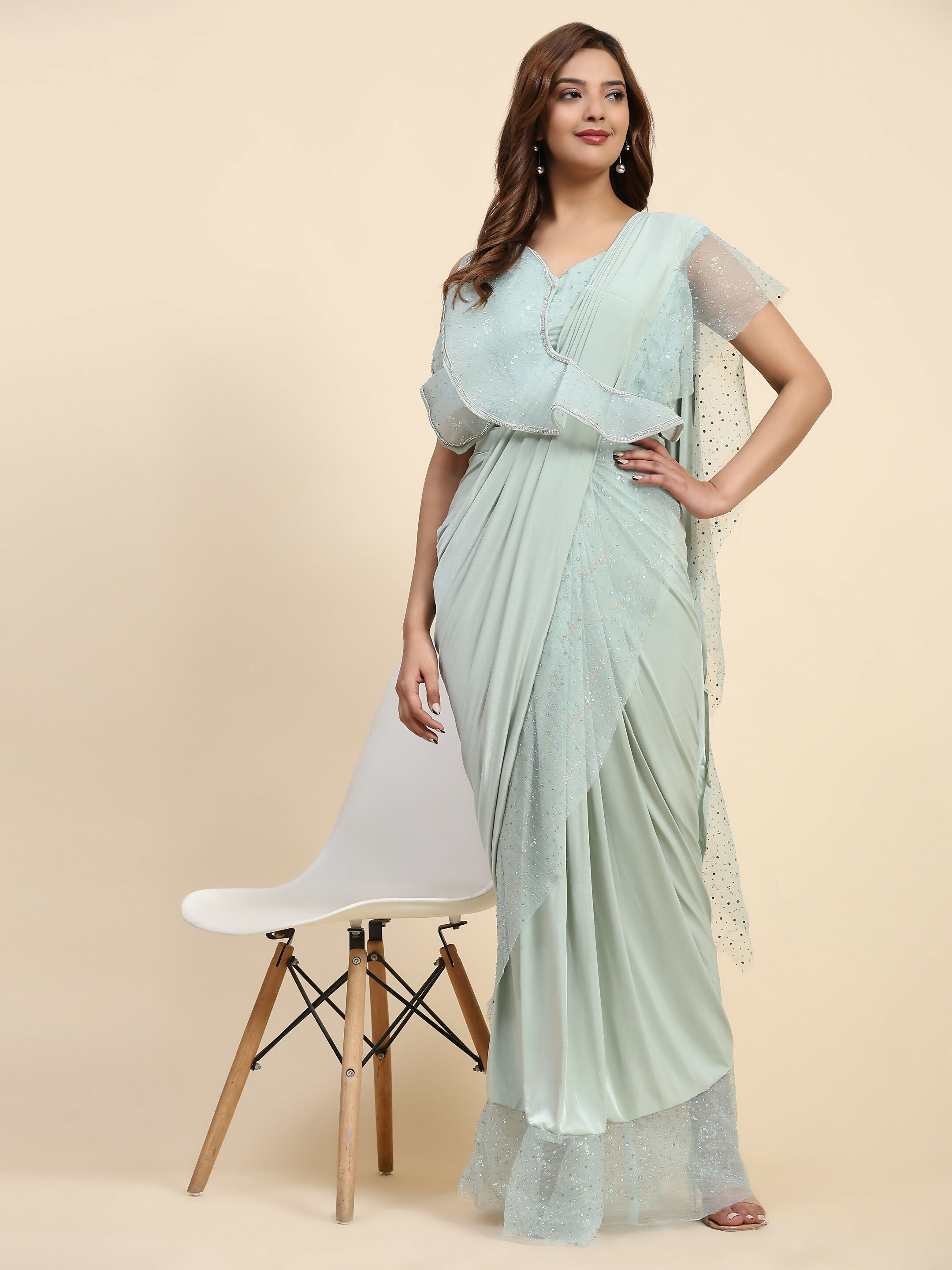 Light Blue Lycra Solid Ready to Wear Saree with stitched Blouse - Nita