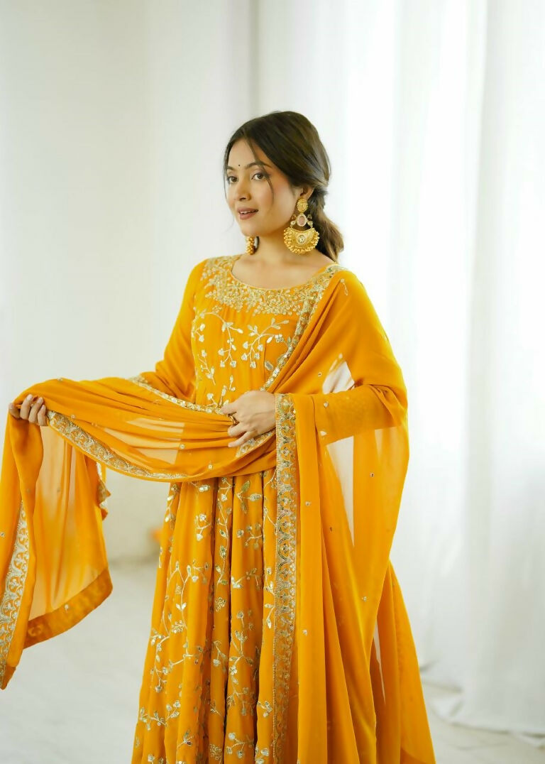 Teeya Creation Yellow Color Heavy Faux Georgette Embroidery Work Gown