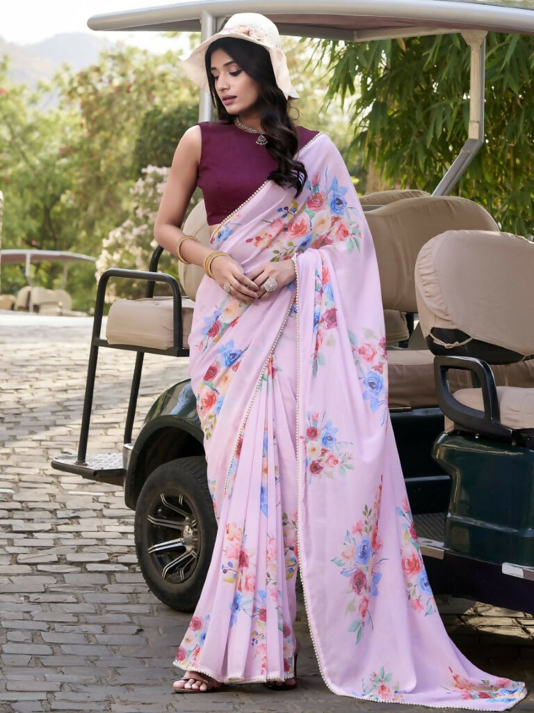 Vastranavya Baby Pink Weightless Marble Printed & Pearl Lace Border Saree with Unstitched Blouse