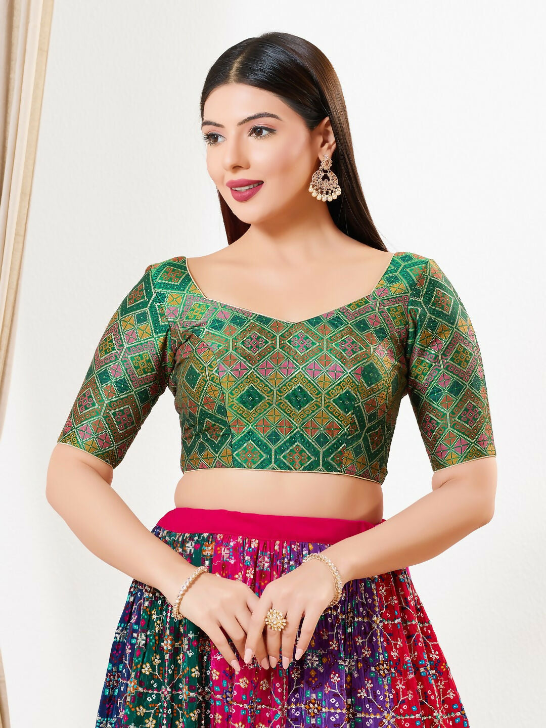 Joban Fashion Green Multi Brocade Padded Blouse With Sweetheart Neck Elbow Sleeves