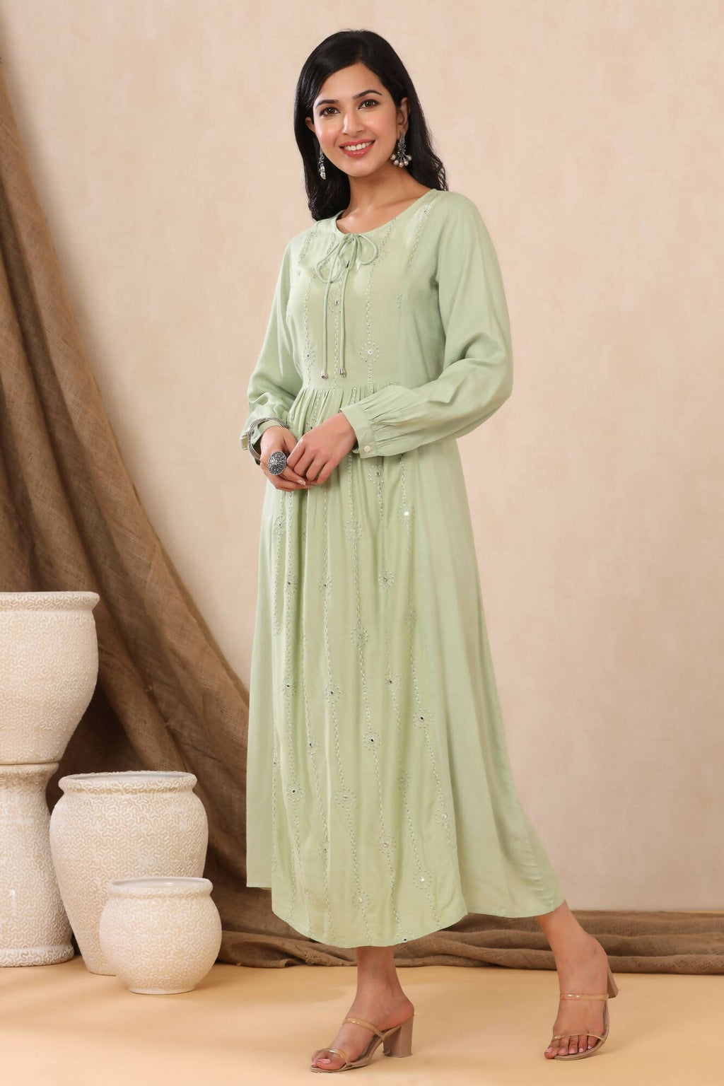 Juniper Women Lightolive Rayon Embroidered A-Line Dress
