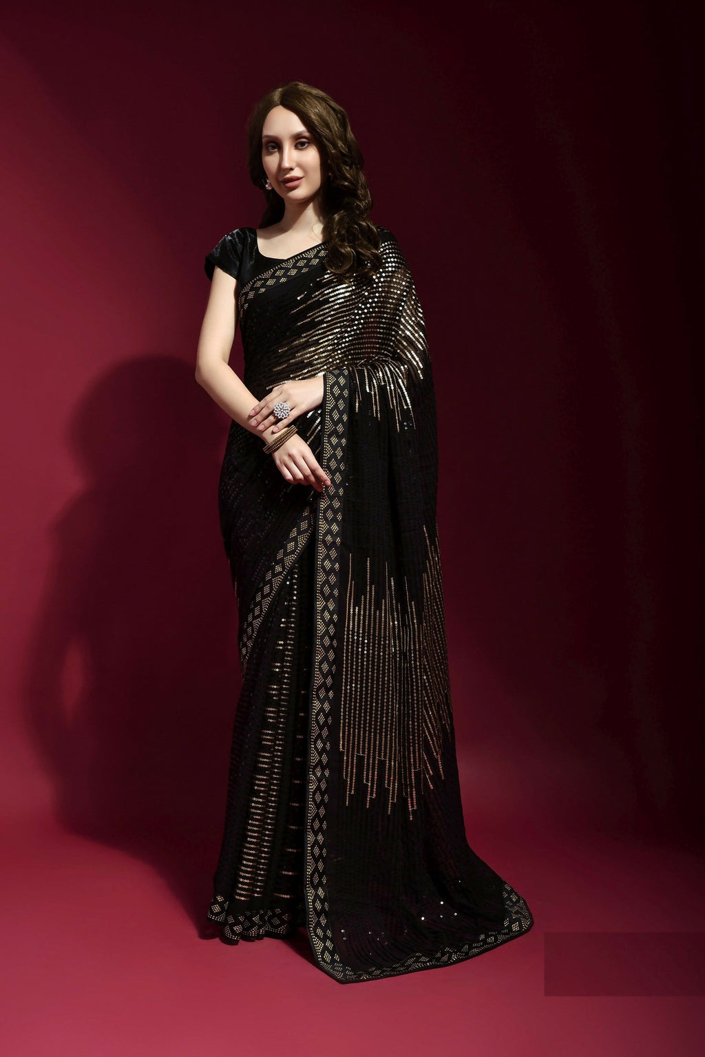 Vegaa Fashion Black Georgette Embroidered Party Wear Saree