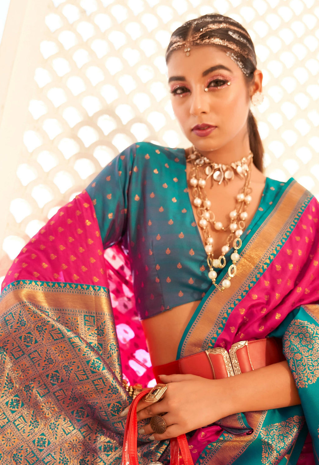 Pink Soft Banarasi Paithani Copper Zari Weaving Saree With Unstitched Blouse Piece - Jodha