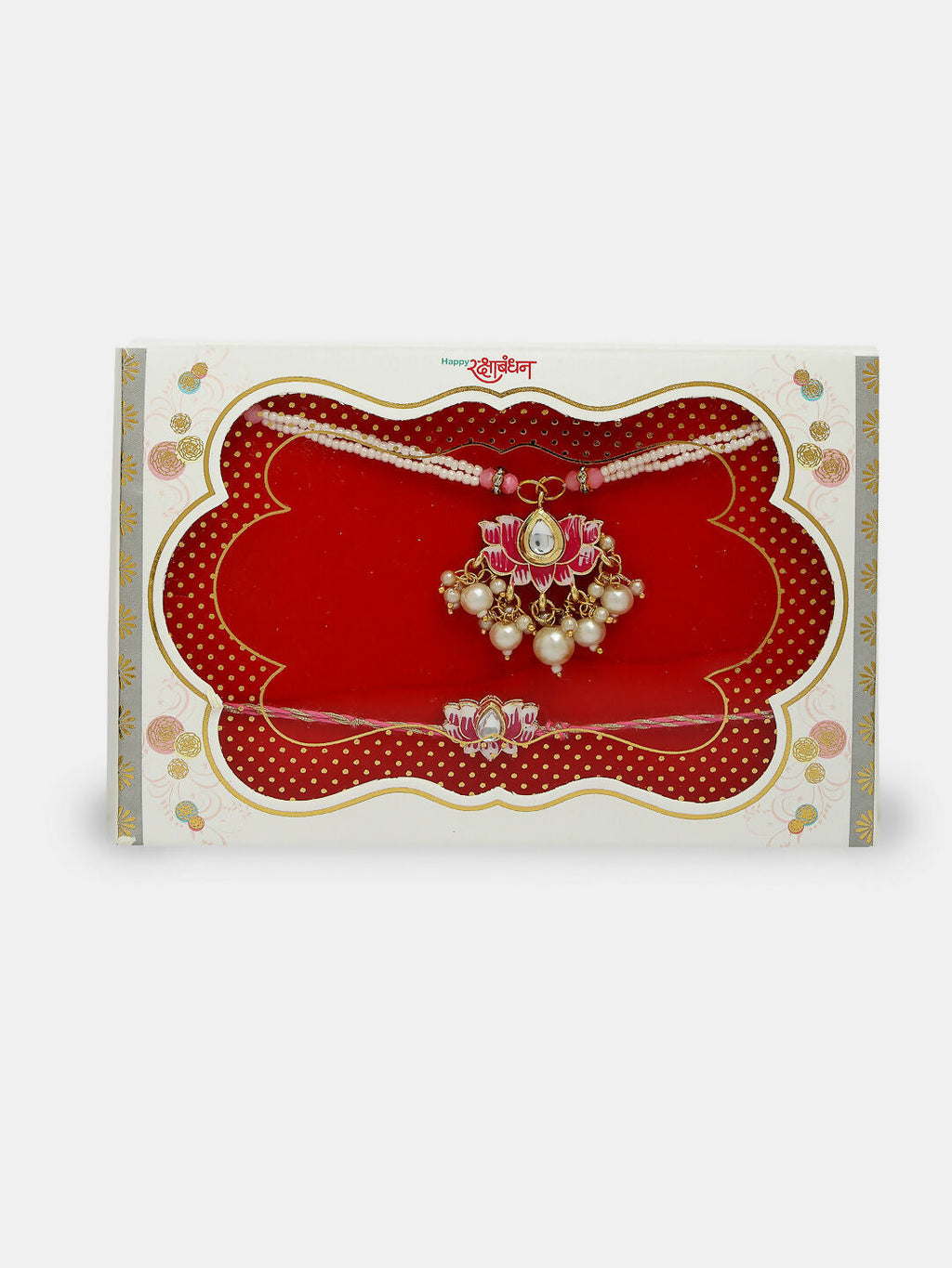 NVR Women & Men Set of 2 Pink Lotus Shape Kundan-Studded & Beaded Wraparound Rakhi Set With Roli Chawal & Chocolate