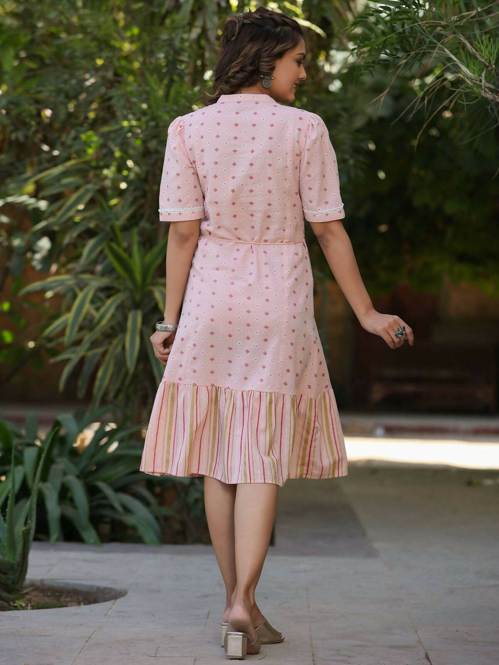 Juniper Women's Pink Cotton Printed Embroidered Flared Dress