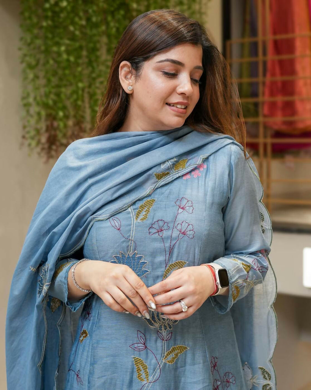 The52 Blue Women's Beautiful Cotton Fabric Thread Work Straight Kurta, Pant and Dupatta Set