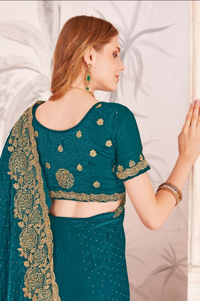 PR Fashion Morpeach Fendi Two Tone Silk Heavy Zari & Resham Embroidery Work With Heavy Zircon Work Saree