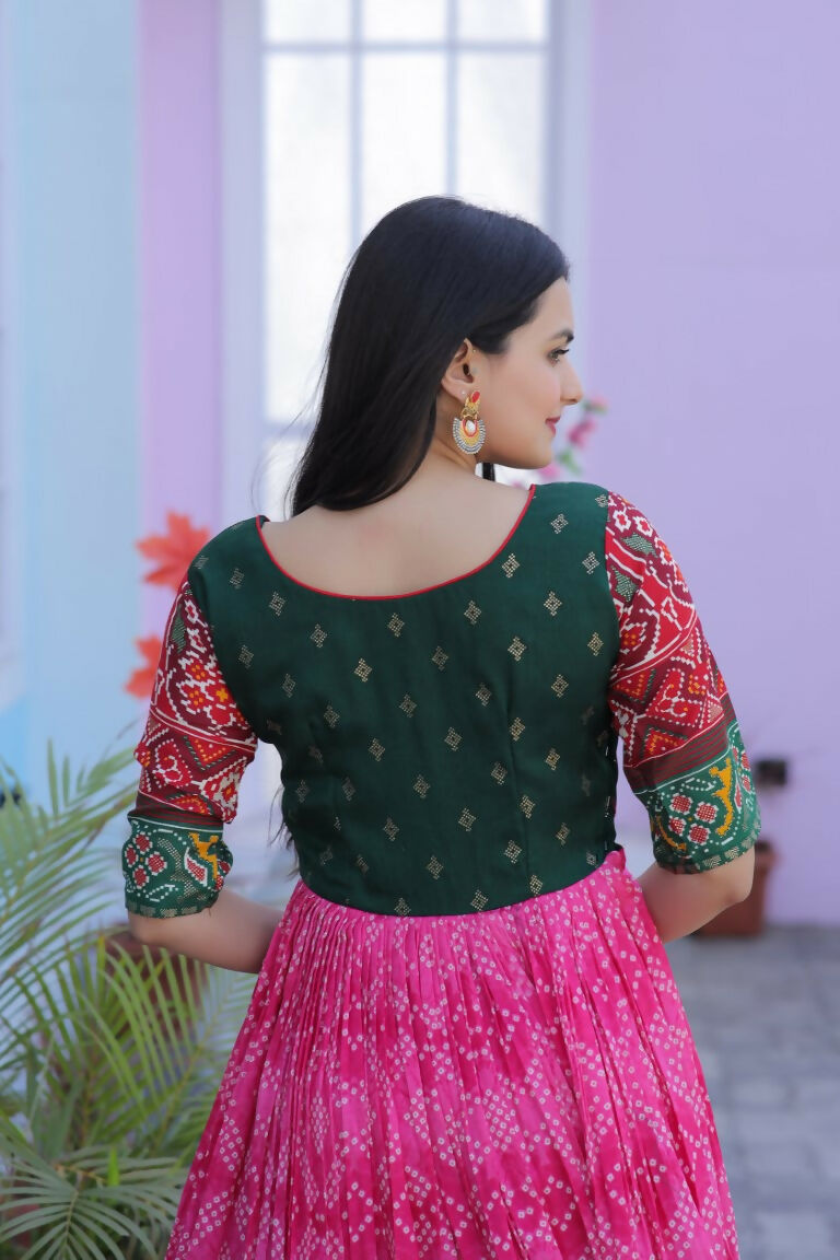Jyoti Fashion Women's Pink Patola with Foil Print Dola Silk Anarkali Dress
