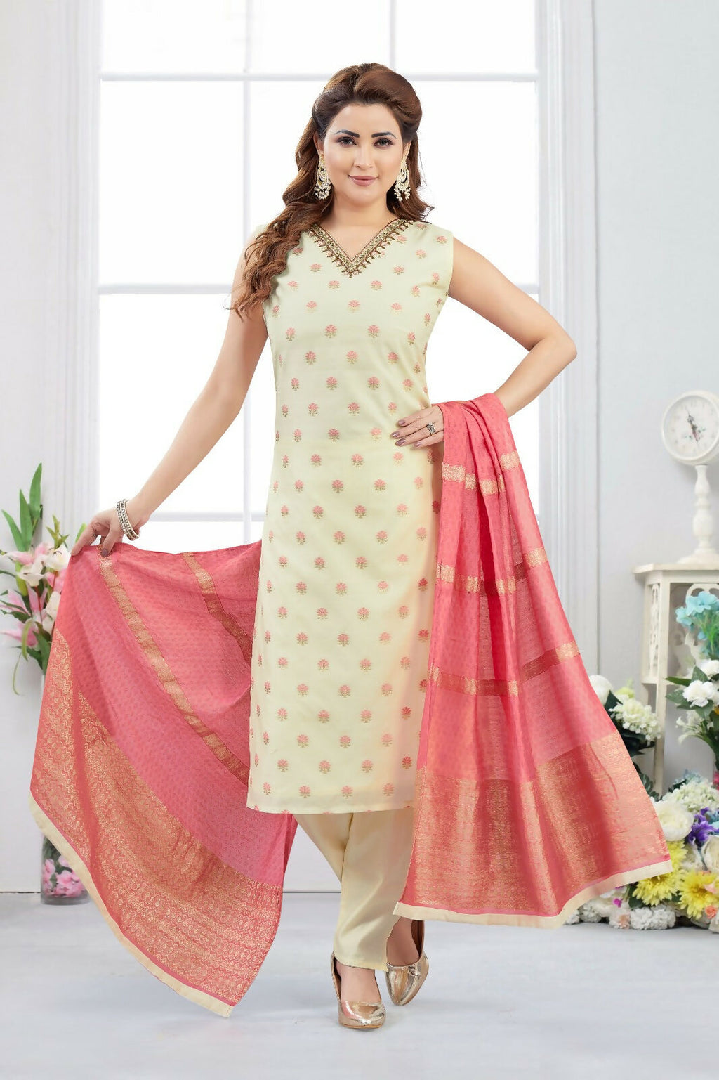 Joban Fashion Jacquard Cream Color Kurta Set
