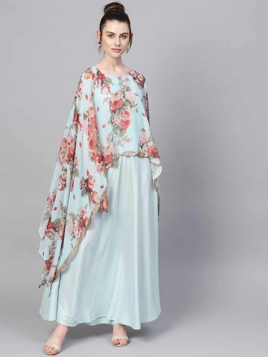 Ahalyaa Aqua Blue Poly Silk Kurta With Attached Printed Dupatta