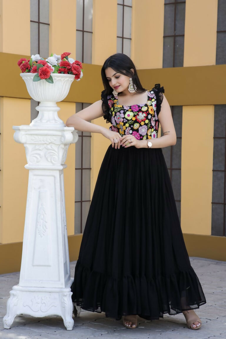 Jyoti Fashion Women's Black Sequins Thread Embroidery Faux Blooming Anarkali Dress