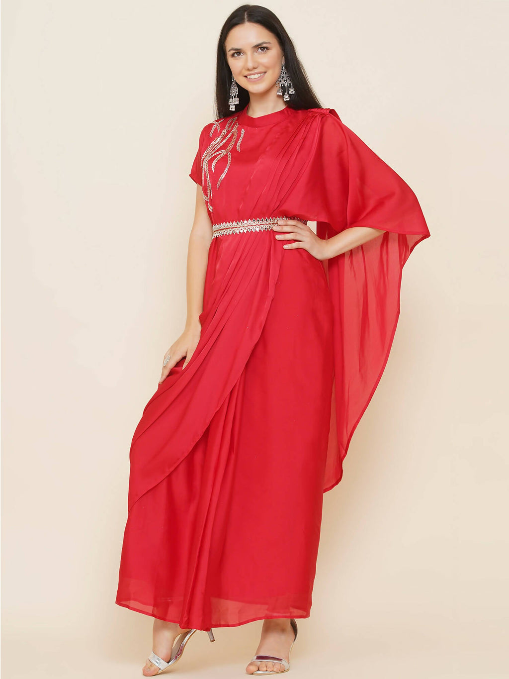 Women Republic Red Hand Embelleshed Gown With Drape