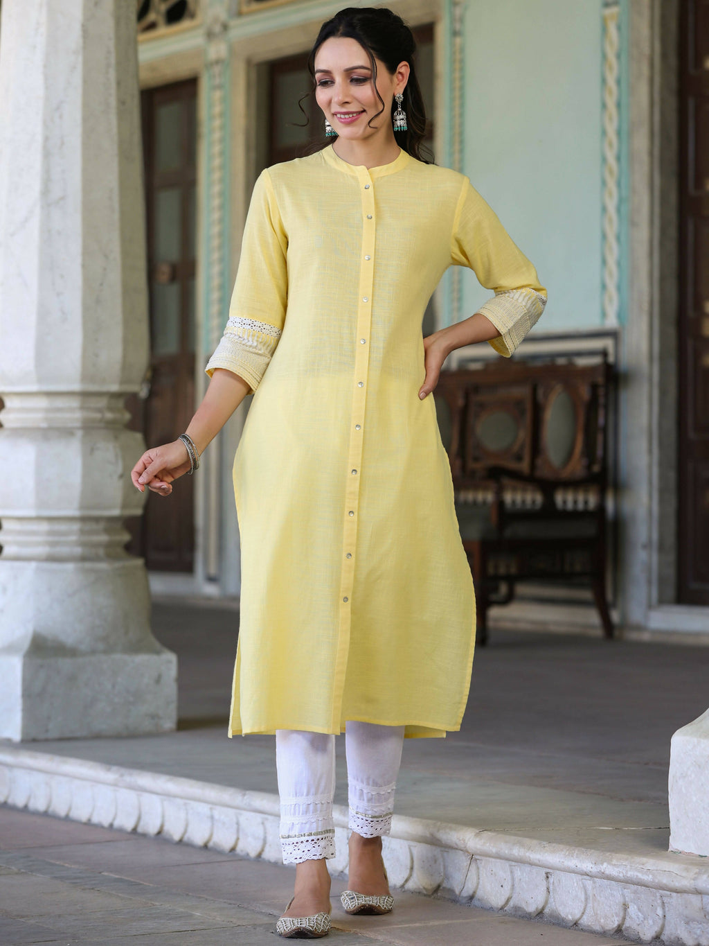 Juniper Women's Yellow Cotton Slub Embroidered Straight Kurta