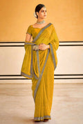 PR Fashion Yellow Georgette Embroidery Lace Saree