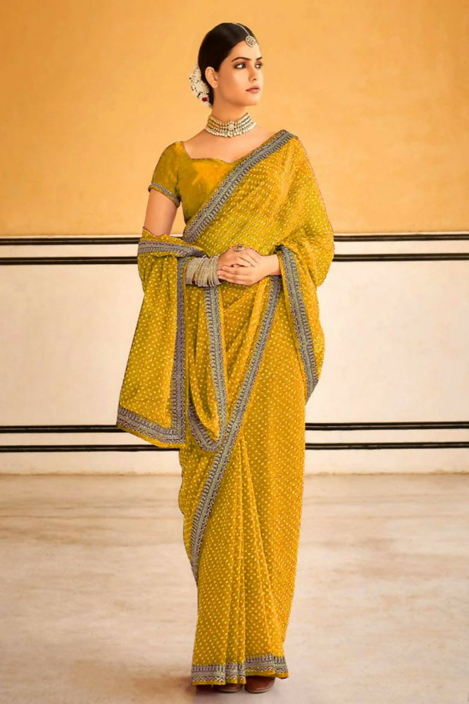 PR Fashion Yellow Georgette Embroidery Lace Saree