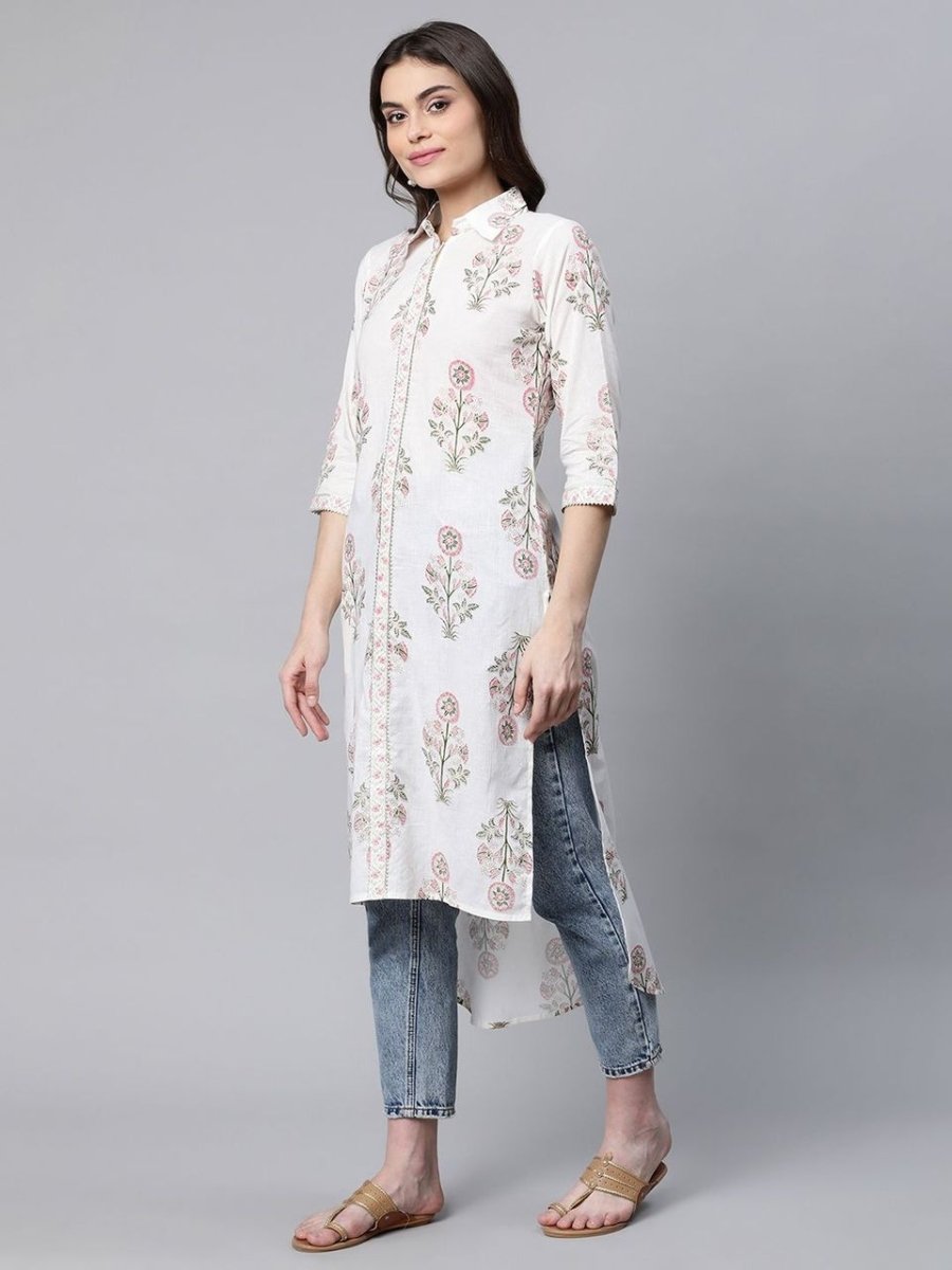 Ahalyaa Women's Off White Pure Cotton Floral Printed Kurta