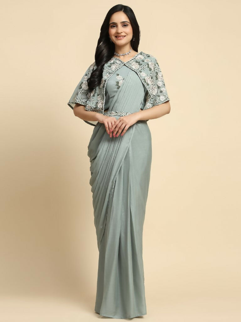 Sea Green Chiffon Solid Ready to wear Saree with stitched Blouse - Aayan