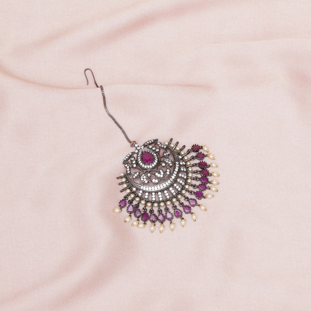 Oversized Diamond & Maroon Stone Maang Tikka- Ruby Raang