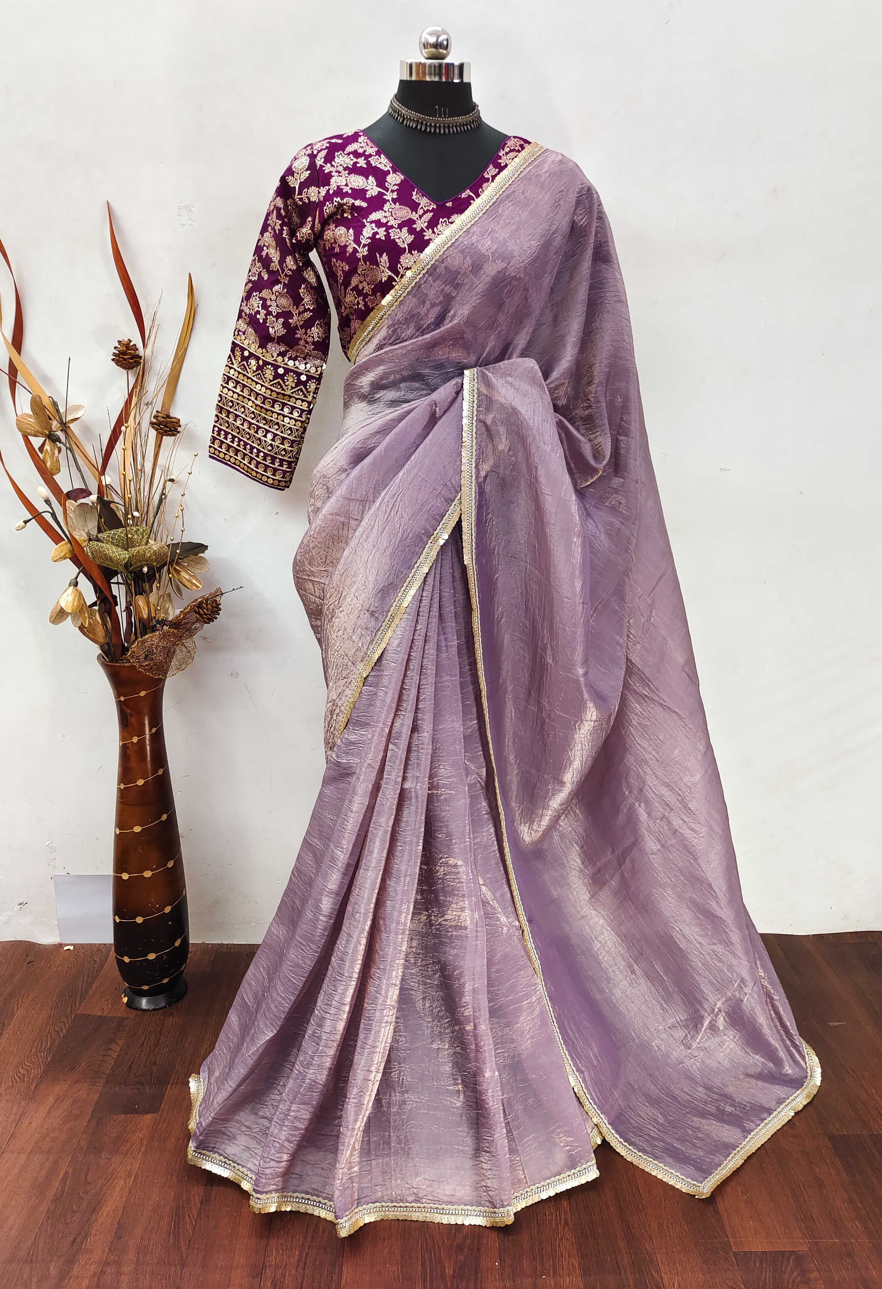 Teeya Creation Onion Color Gold Crush Tissue Saree With Lace Border