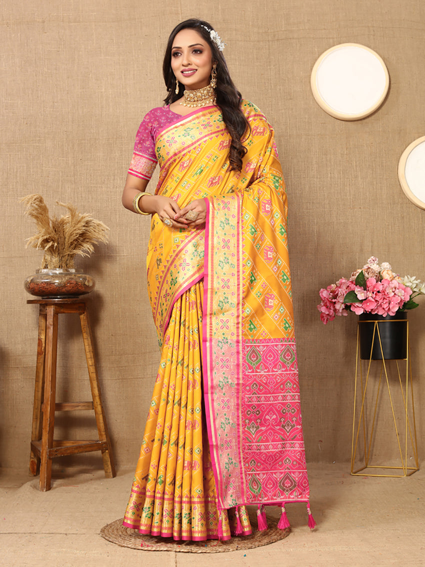 Lorenvalley Fashion Gold Patola Silk Woven Design with Zari Meenakari Weaving motifs Pallu Saree