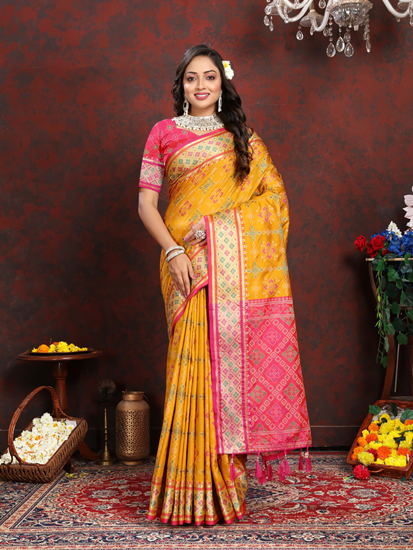 Lorenvalley Fashion Gold Patola Silk Woven Design with Zari Meenakari Weaving motifs Pallu Saree