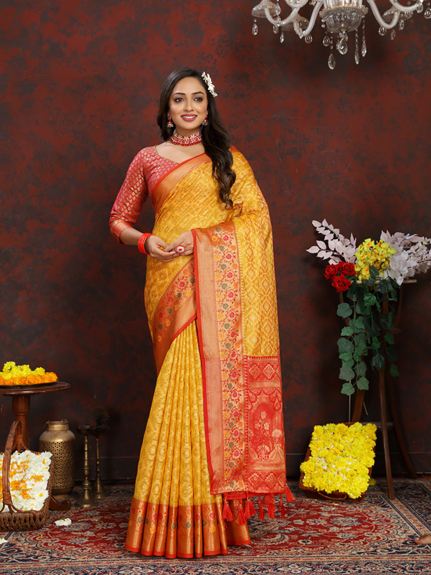Lorenvalley Fashion Gold Organza Silk Woven Design with Rich Meenakari Weaving Pallu Saree
