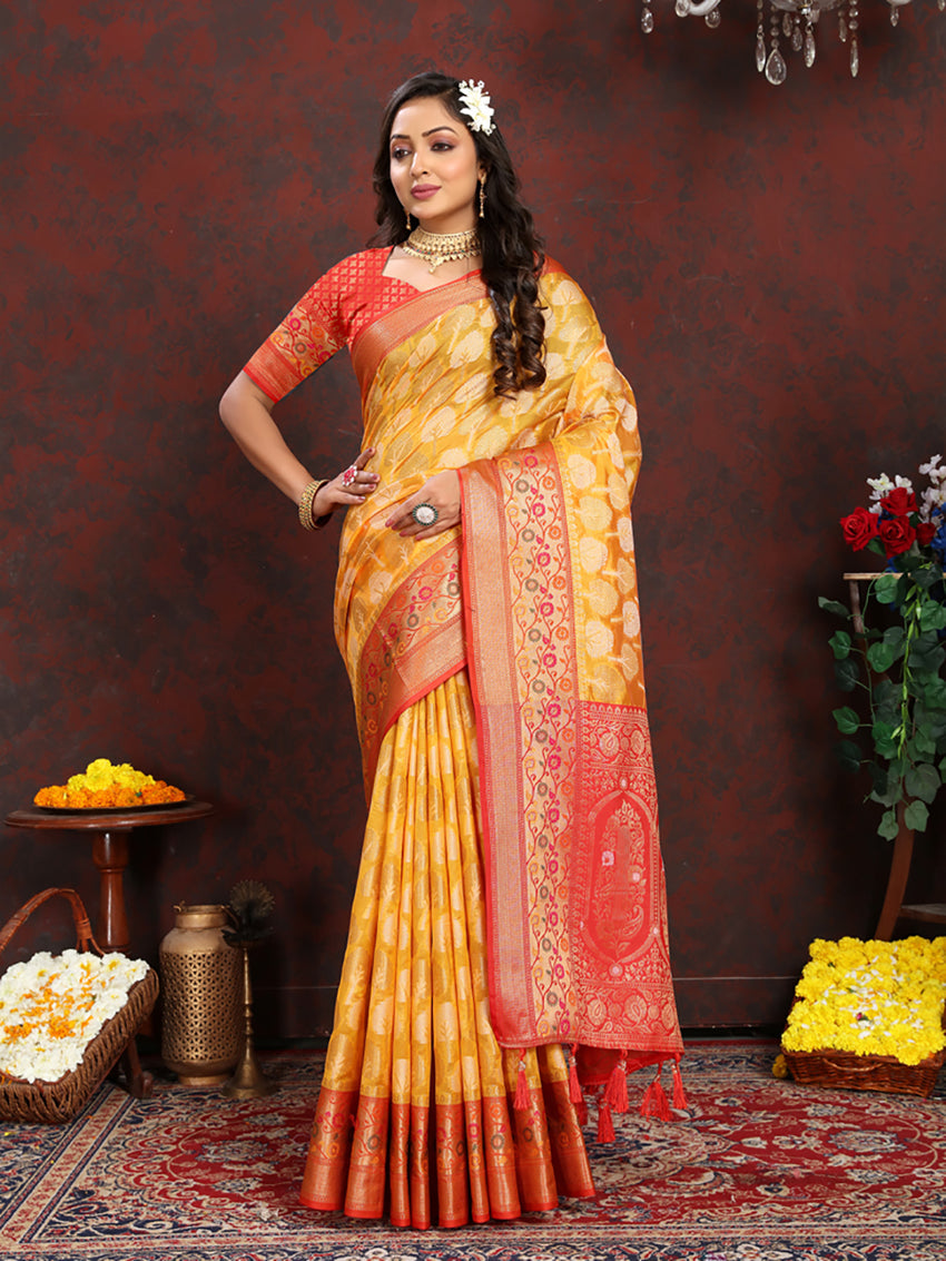 Lorenvalley Fashion Gold Organza Silk Woven Design with Rich Meenakari Weaving Pallu Saree