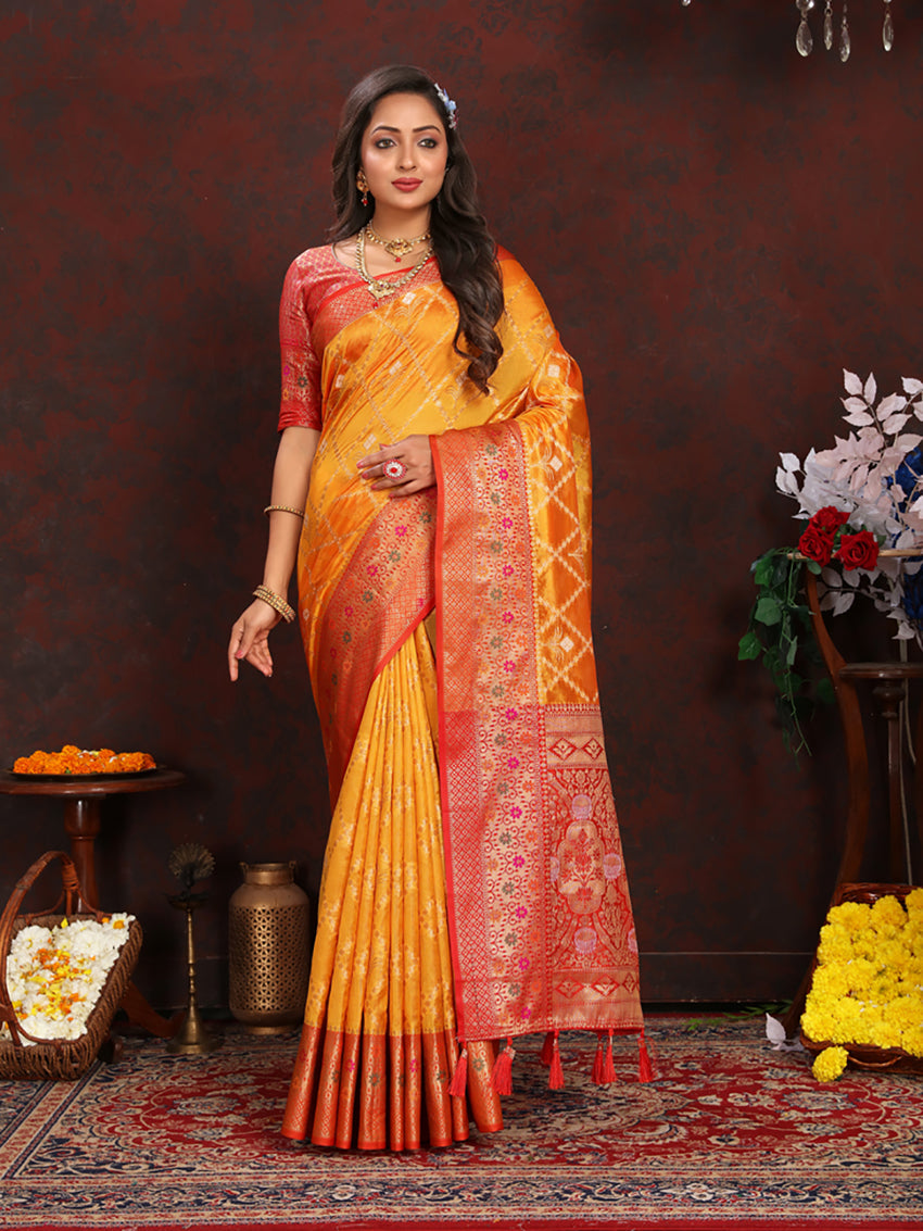Lorenvalley Fashion Gold Organza Silk Woven Design with Rich Meenakari Weaving Pallu Saree