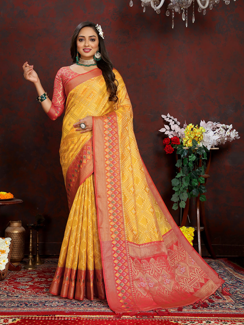 Lorenvalley Fashion Gold Organza Silk Woven Design with Rich Meenakari Weaving Pallu Saree