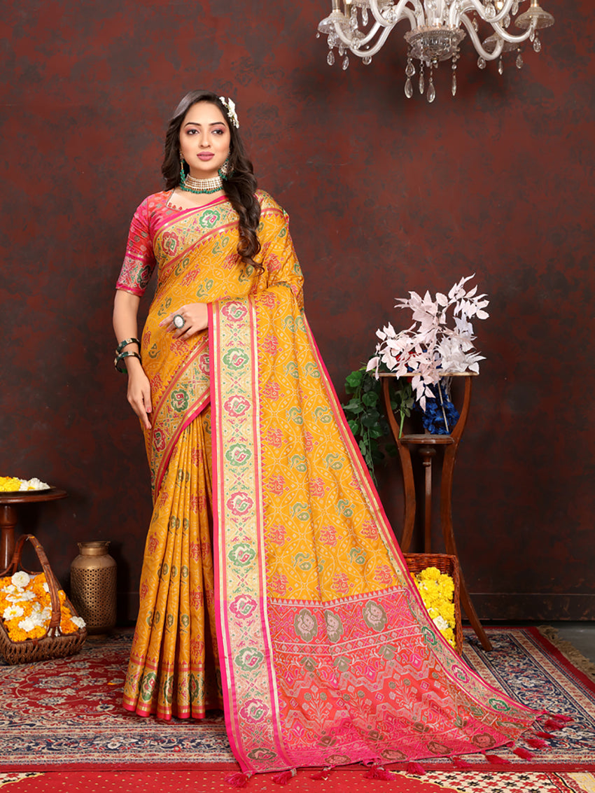 Lorenvalley Fashion Gold Patola Silk Woven Design with Zari Meenakari Weaving motifs Pallu Saree