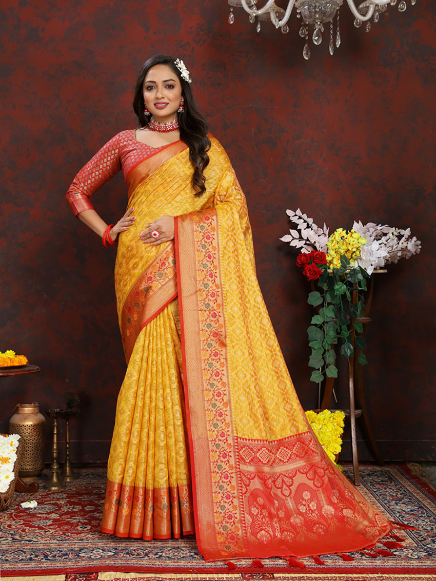 Lorenvalley Fashion Gold Organza Silk Woven Design with Rich Meenakari Weaving Pallu Saree