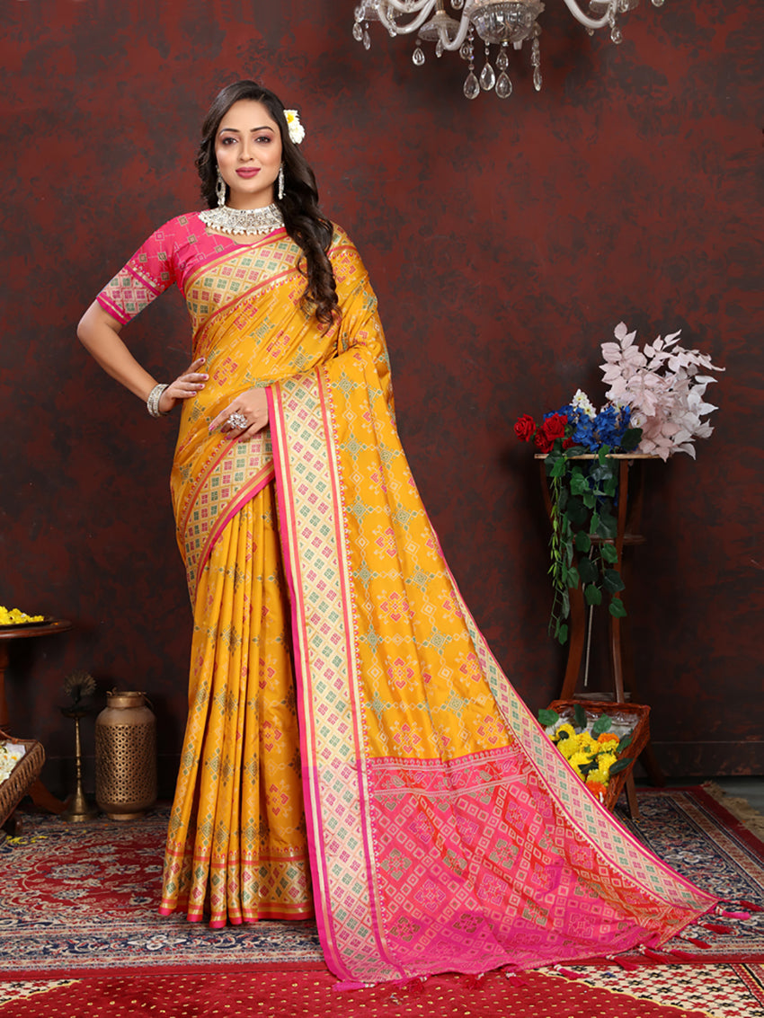 Lorenvalley Fashion Gold Patola Silk Woven Design with Zari Meenakari Weaving motifs Pallu Saree