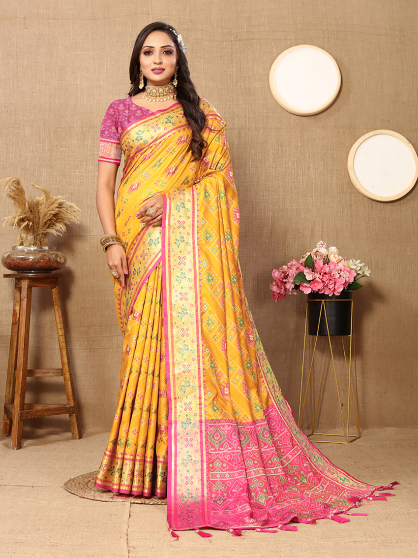 Lorenvalley Fashion Gold Patola Silk Woven Design with Zari Meenakari Weaving motifs Pallu Saree