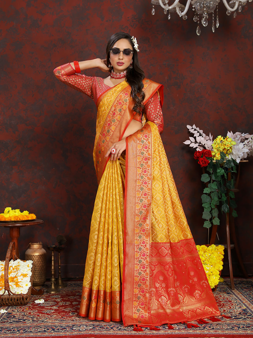 Lorenvalley Fashion Gold Organza Silk Woven Design with Rich Meenakari Weaving Pallu Saree
