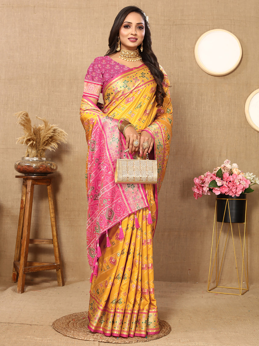 Lorenvalley Fashion Gold Patola Silk Woven Design with Zari Meenakari Weaving motifs Pallu Saree