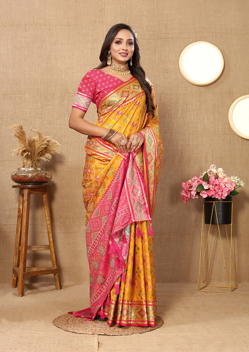 Lorenvalley Fashion Gold Patola Silk Woven Design with Zari Meenakari Weaving motifs Pallu Saree