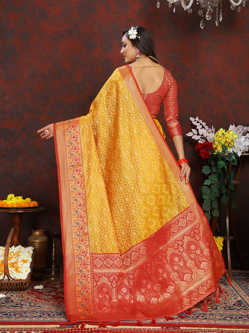Lorenvalley Fashion Gold Organza Silk Woven Design with Rich Meenakari Weaving Pallu Saree