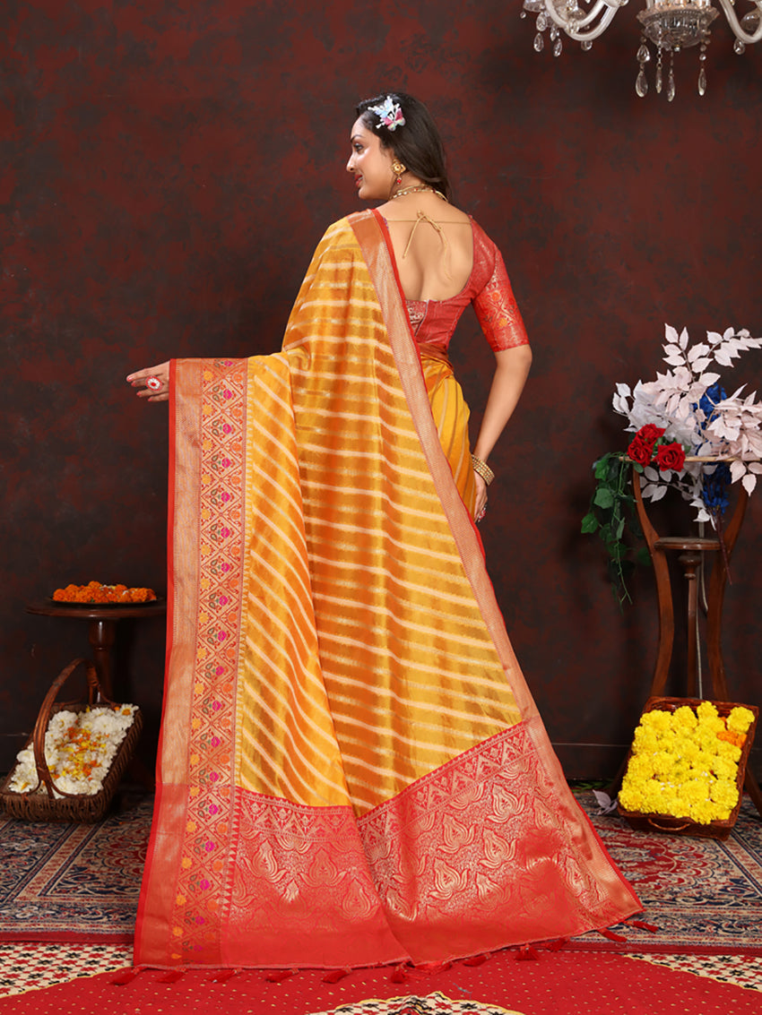 Lorenvalley Fashion Gold Organza Silk Woven Design with Rich Meenakari Weaving Pallu Saree