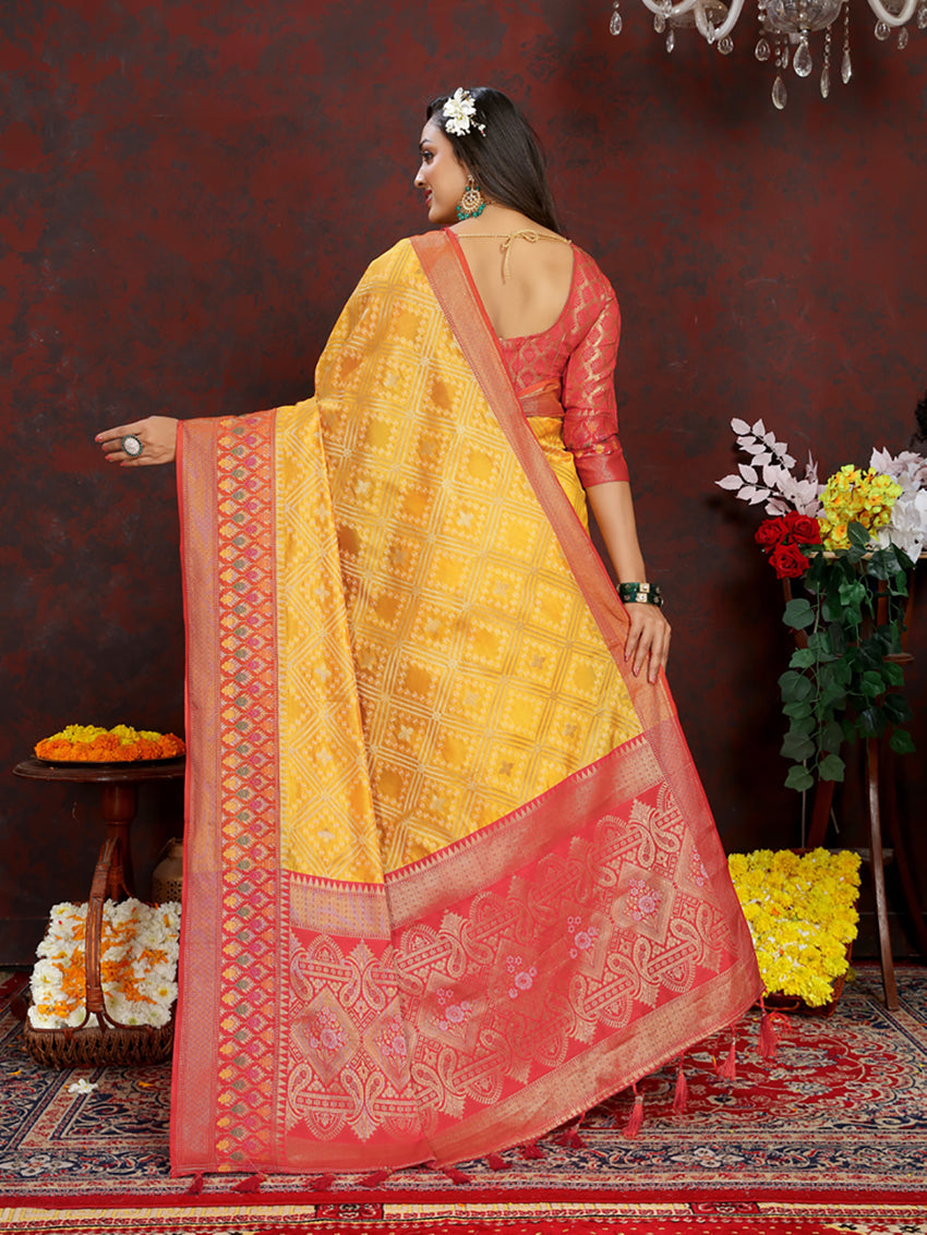 Lorenvalley Fashion Gold Organza Silk Woven Design with Rich Meenakari Weaving Pallu Saree