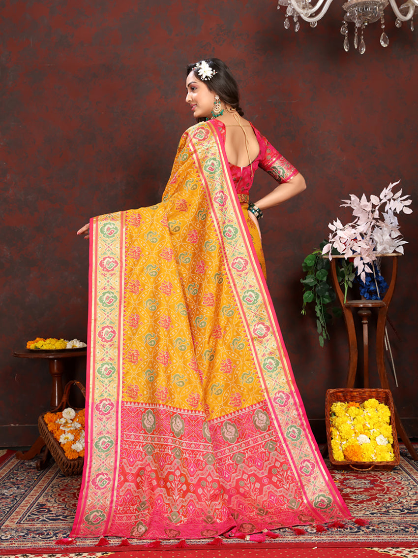Lorenvalley Fashion Gold Patola Silk Woven Design with Zari Meenakari Weaving motifs Pallu Saree
