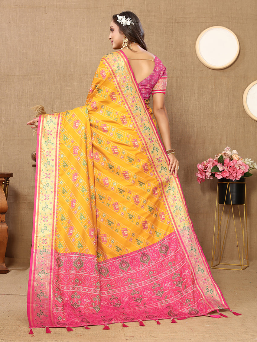 Lorenvalley Fashion Gold Patola Silk Woven Design with Zari Meenakari Weaving motifs Pallu Saree