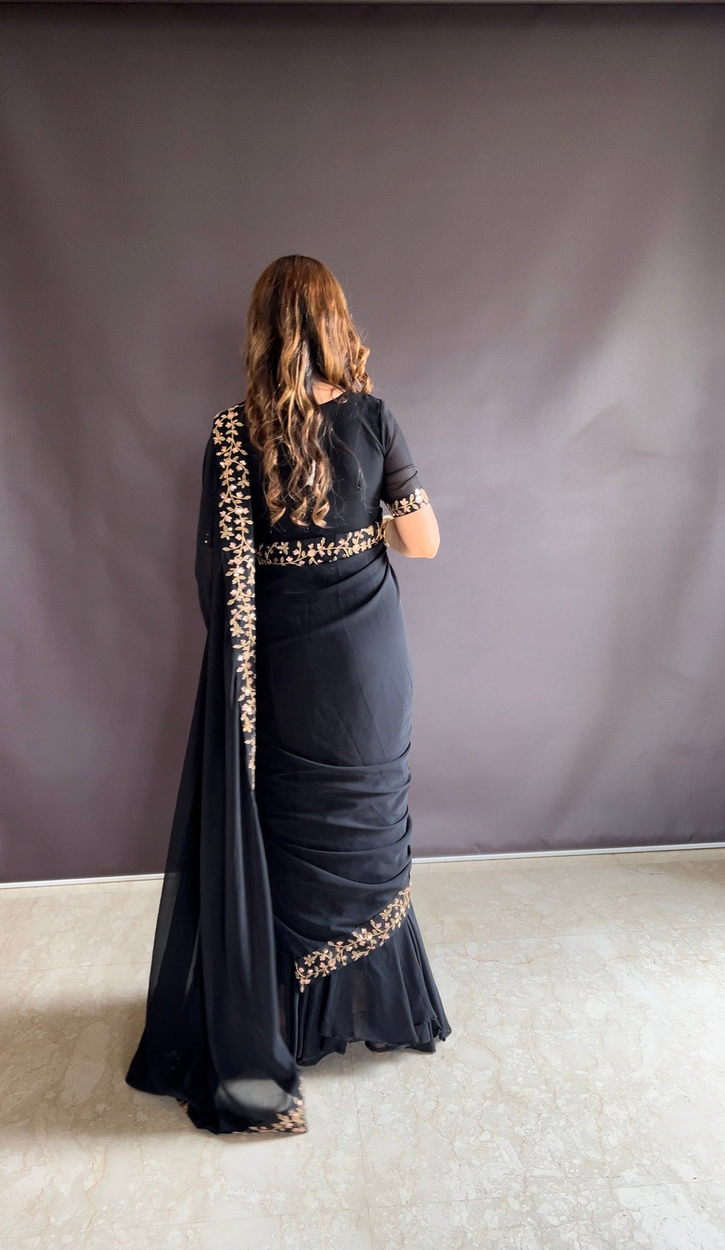 Teeya Creation Black Color Faux Georgette Fabric Heavy Embroidery Work Gown Style Fully Stitched Saree