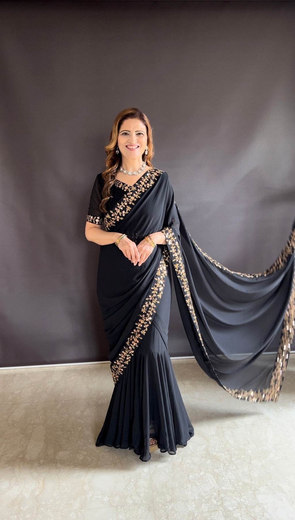Teeya Creation Black Color Faux Georgette Fabric Heavy Embroidery Work Gown Style Fully Stitched Saree