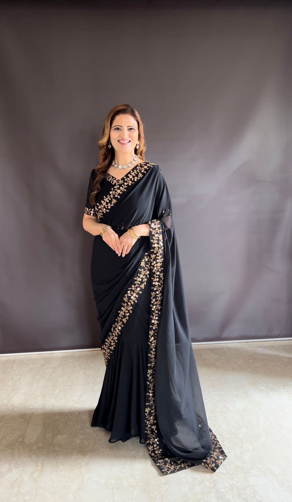 Teeya Creation Black Color Faux Georgette Fabric Heavy Embroidery Work Gown Style Fully Stitched Saree