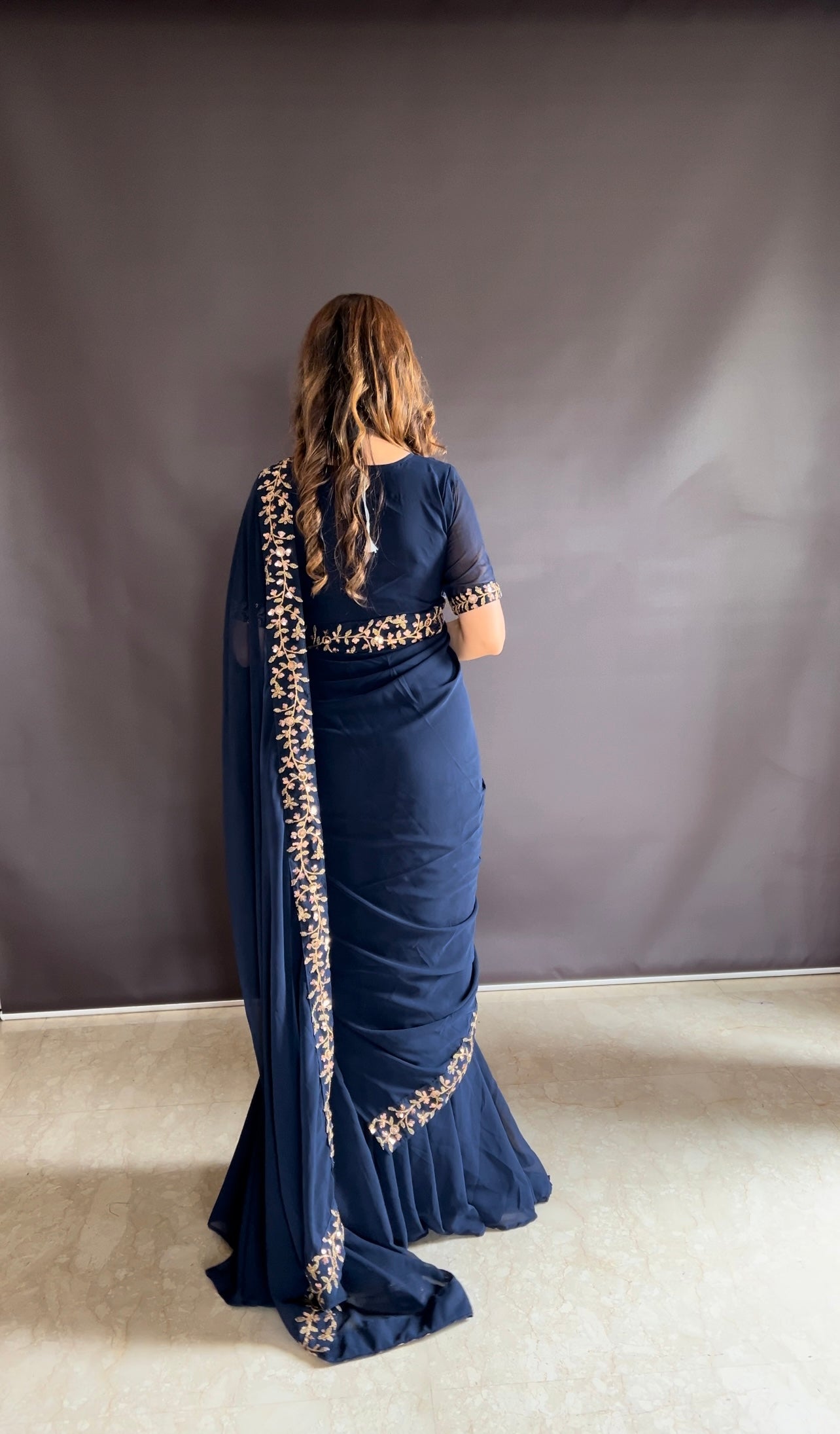 Teeya Creation Blue Color Faux Georgette Fabric Heavy Embroidery Work Gown Style Fully Stitched Saree