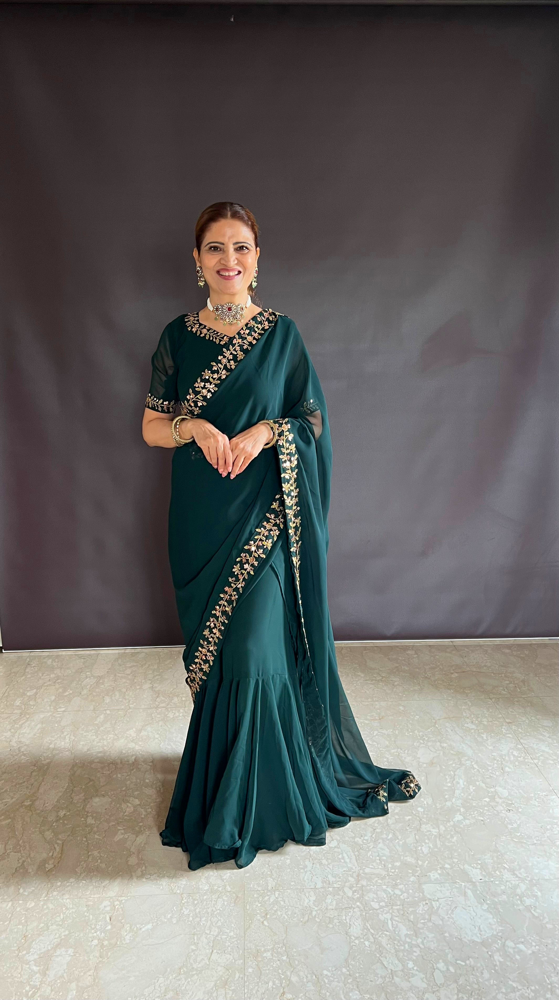 Teeya Creation Green Color Faux Georgette Fabric Heavy Embroidery Work Gown Style Fully Stitched Saree
