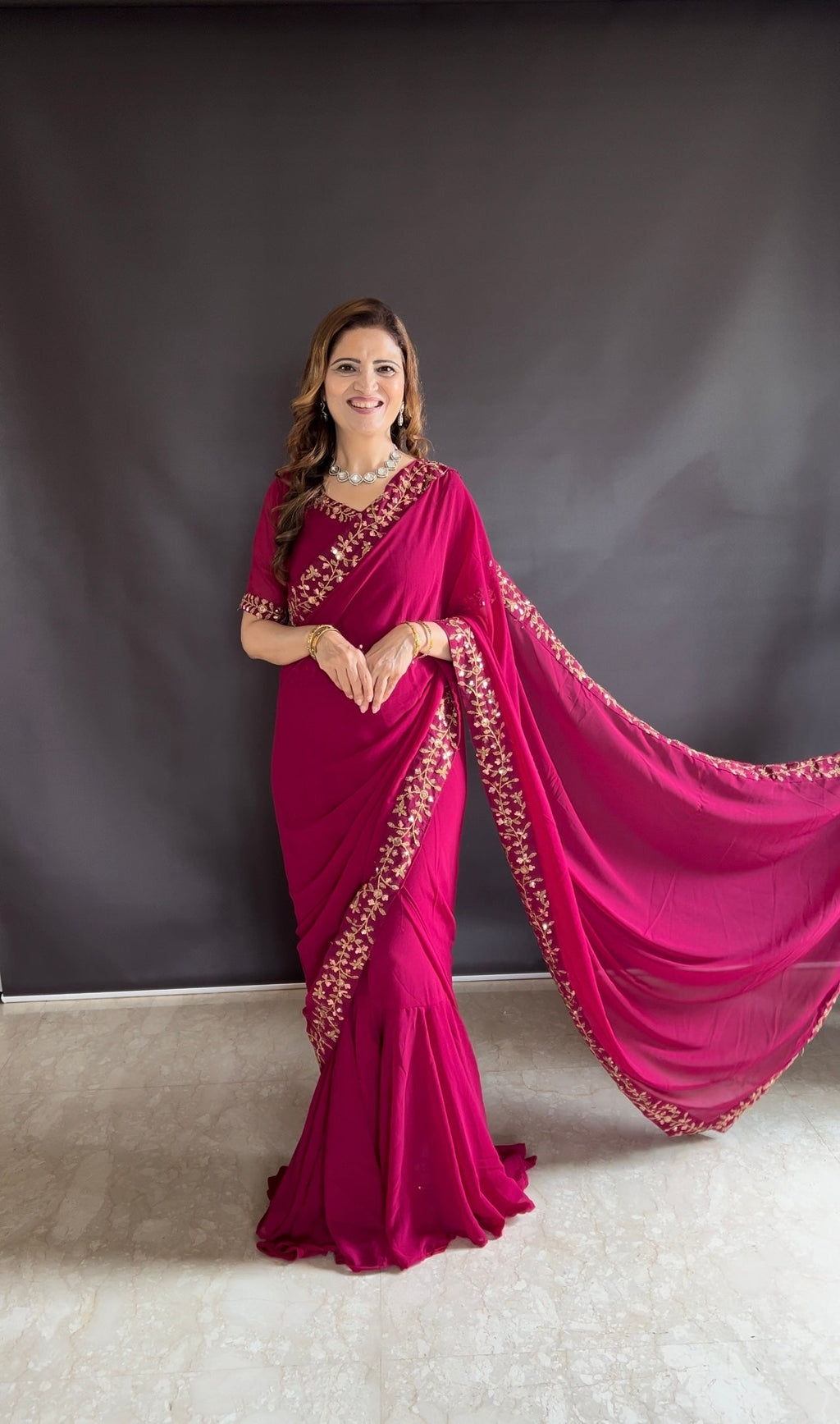 Teeya Creation Pink Color Faux Georgette Fabric Heavy Embroidery Work Gown Style Fully Stitched Saree