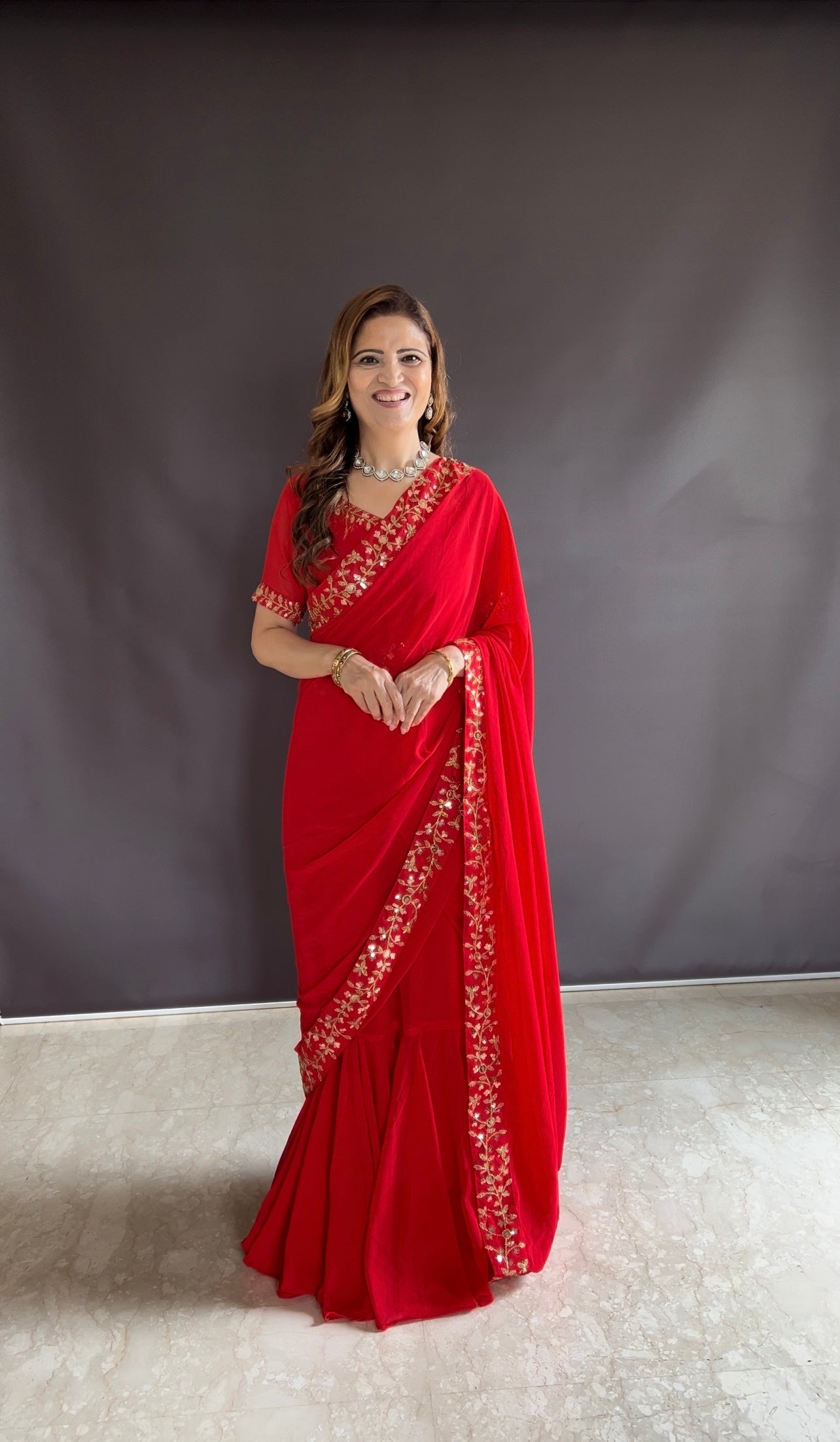 Teeya Creation Red Color Faux Georgette Fabric Heavy Embroidery Work Gown Style Fully Stitched Saree